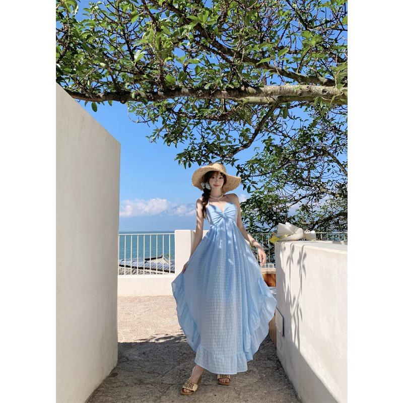Photo Fairy Light Yellow Plaid Vacation Halter Dress Dopamine Island Vacation Beach Neck Dress