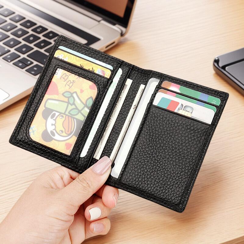 Transparent ID Window Credit Card Holder Durable Soft Multi Card Slots Top-grain Leather Bifold Thin Small Wallet Black Coffee