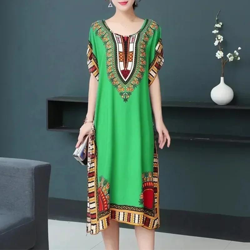 Bohemian National Style Leisure Holiday Beach Printed Poker Indonesia Floral O Neck Loose Midi Dress Pajamas Loungewear Woman