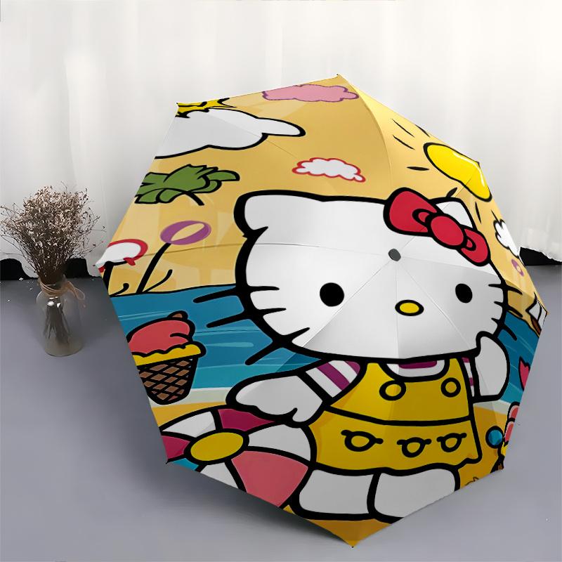 Hello Kitty on the Beach in Summer Cartoon Umbrella, Portable 3-Fold Compact Umbrella, Suitable for Camping, Hiking and Travel, Ideal Easter Birthday