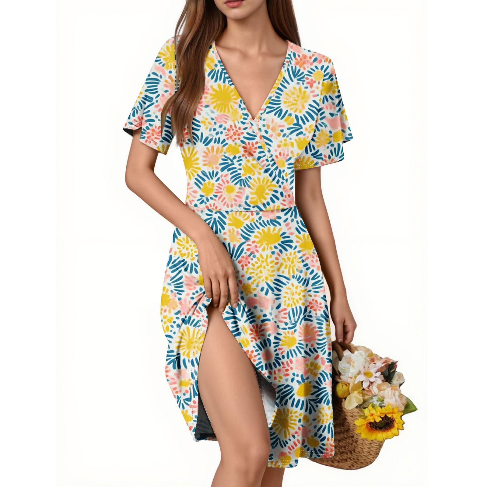 

Жіноча сукня з рукавами труба, короткими рукавами, повсякденна квіткова сукня з V-подібним вирізом XXL фіолетовий