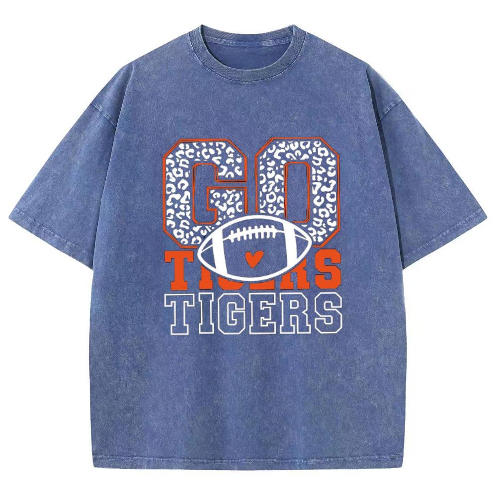 Go Tigers Letter Print Women T-Shirt Wash Oversized Unisex Couple Short Sleeve Street Hip Hop Top Sweetheart Y2k Tees