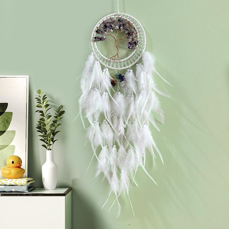 Handmade Crystal Stone Wind Chimes Dream Catcher Colorful Feathers Bedroom Hanging Ornaments Wall Pendants Festival Party Gifts