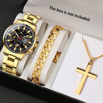 3PCS Set Fashion Business Men Wristwatch Stainless Steel Date Pointer Quartz Wrist Watch for Male & Bracelet Necklace,Men Gift