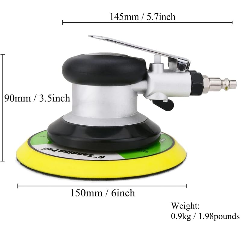 LithiCraft 6" Pneumatic Random Orbital Sander, 10,000 RPM Heavy Duty Double Action Pneumatic Hand Sander, Silver