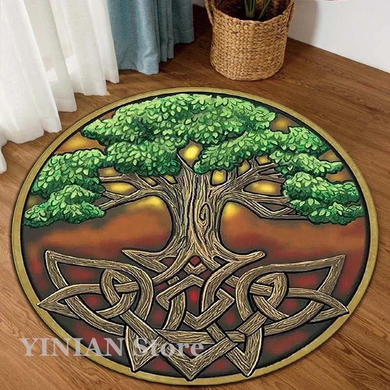3D Viking Yggdrasil Tree of Life Area Rug Round Carpet Rugs for Living Room Bedroom Sofa Decoration Kids Play Non-slip Floor Mat
