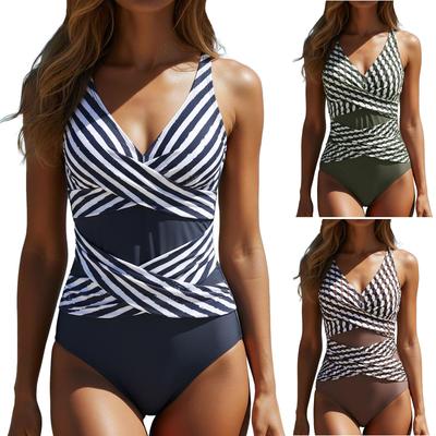 Damesmode Eendelig V-hals Gestreept Gerimpeld Buik Verbergend Backless Bikini Zwempak