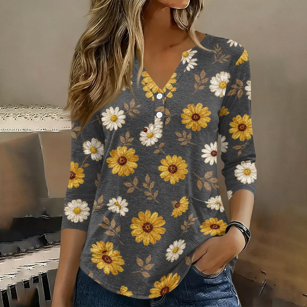 Women 3/4 Sleeve V Neck Henley Floral Print Pullover Casual T Shirt Top Lightweight Soft Fabric Comfortable Fit