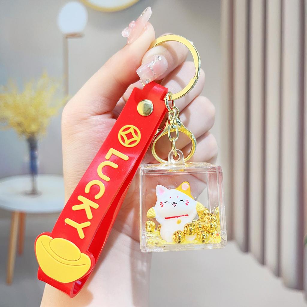 Lucky Cat Glitter Keychain: Adorable Oil-Filled Pendant for Kids & Women, Perfect for Backpacks and Gifts
