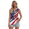Women's Fashion Casual Button Sleeveless Independence Day Print V Neck Turn Down Collar Tank Top Summer Loose Fit Blouse