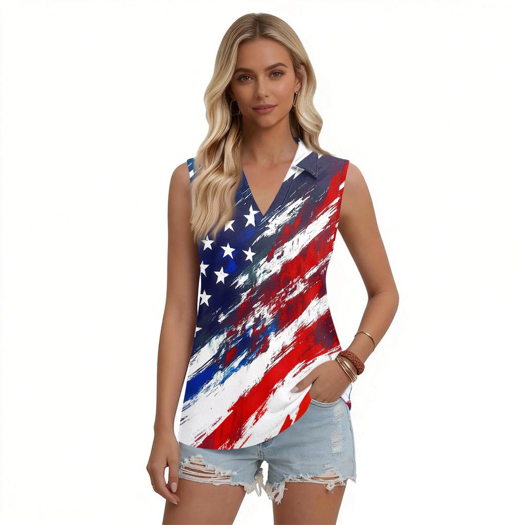 Women's Fashion Casual Button Sleeveless Independence Day Print V Neck Turn Down Collar Tank Top Summer Loose Fit Blouse