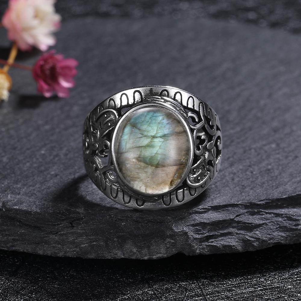 CopperRing for Women Oval Round Natural Labradorite Ring Gift Sun Shaped Retro Luxury Fine Jewelry