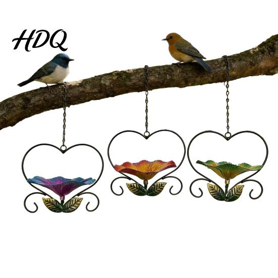 Weather Resistant Bird Feeder Hanging Metal Weather-proof Love Heart Flower Bath Outdoor Feeding Station Garden Patio Yard Watering Bowl with Hook