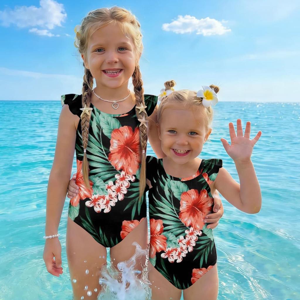 Girls One Piece Swimsuit Hawaiian Print Kids Swimwear Toddler Child Beachwear Sleeveless Ruffle Shoulder Bathing Suit for Summer Pool