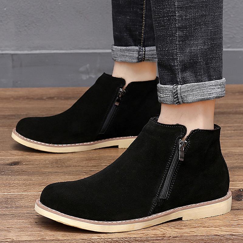 Fashion Italian Genuine Leather Men Boots Business Winter Zipper Slip On British High Boot Mens Cowhide Pointy Boots Suede Chelsea Boots