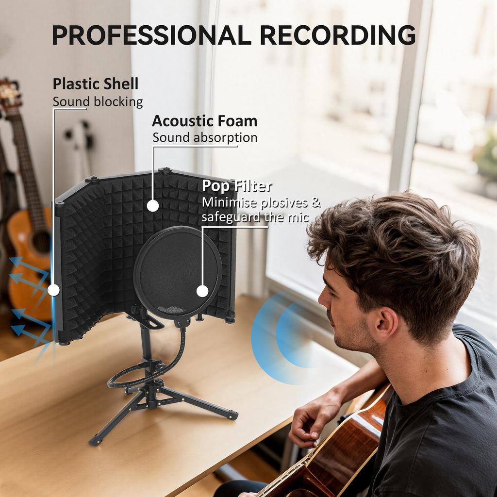 Studio Microphone Isolation Shield with Pop Filter and Tripod Stand, Foldable Adjustable Recording Studio Equipment