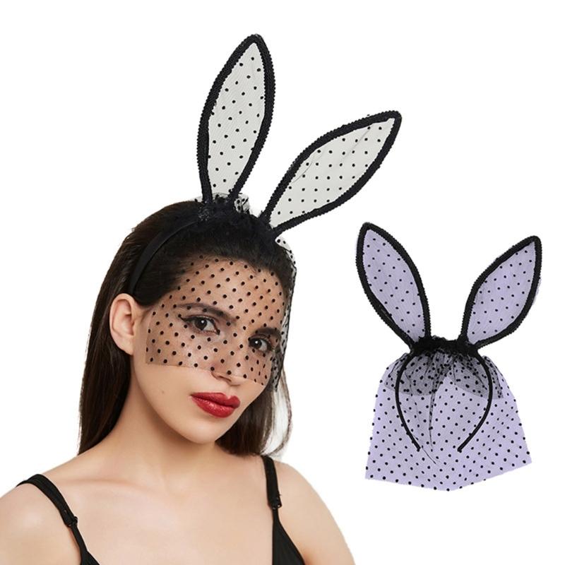 Stylish Rabbit Ears Lace Hairband Cute And Hair Accessory Headwear With Round Dots And Delicate Sheer Trim