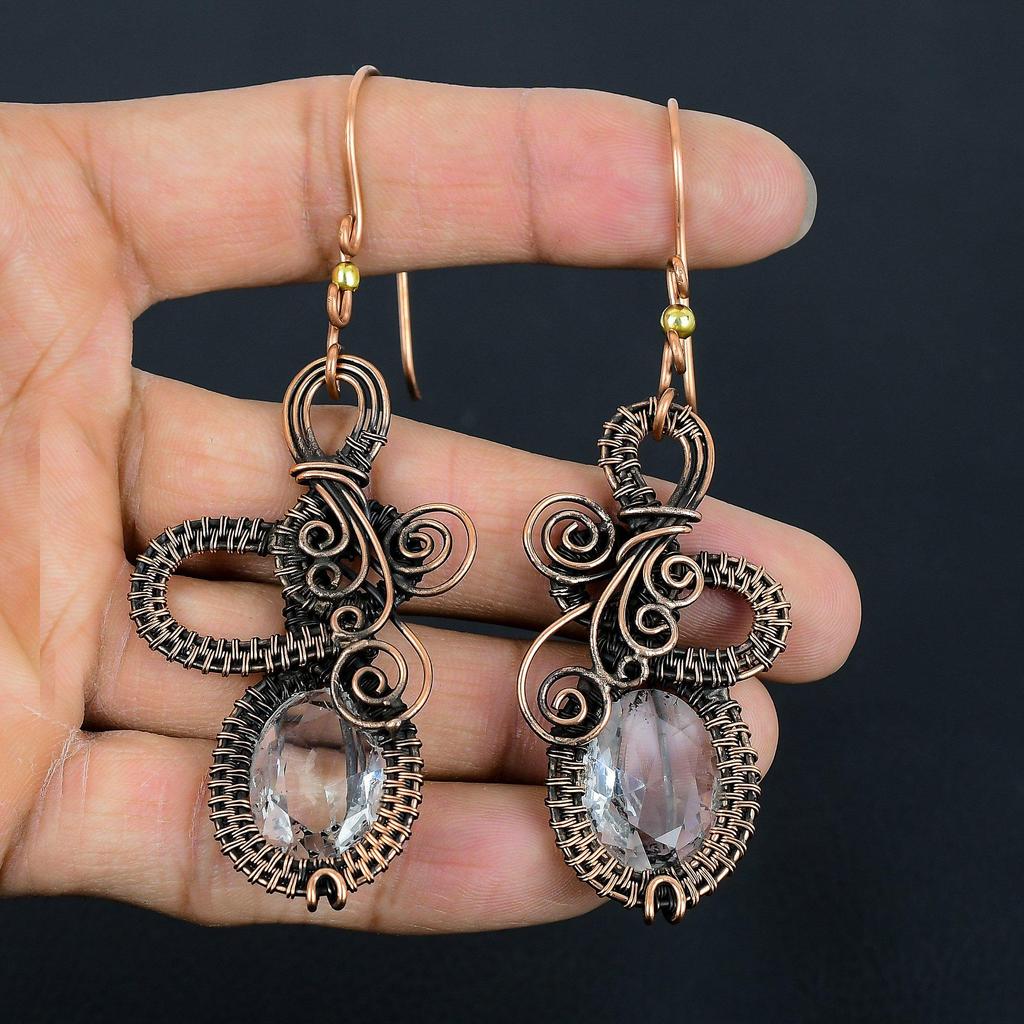 White Topaz 999 Copper Wire Wrapped Earrings, Handmade Gemstone Jewelry Earrings For Memorial Day