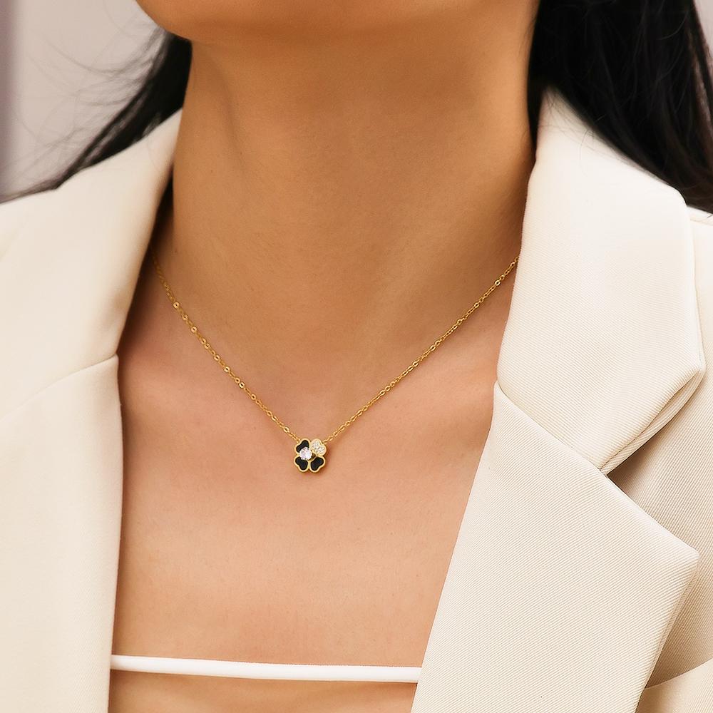 XIXI Waterproof 18K Gold Plated Four Leaf Clover Flower Zircon Pendant Women Stainless Steel Fashion Jewelry Necklaces