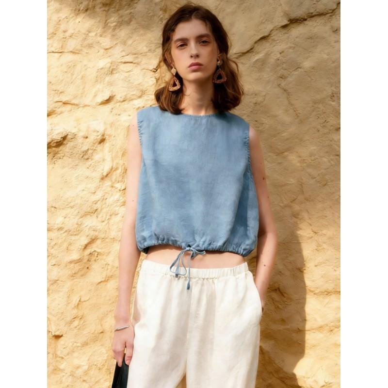 Women's Summer Breathable Short Sleeveless Casual Linen Tank Top, Loose-Fitting Crop Top in Cotton-Linen Blend