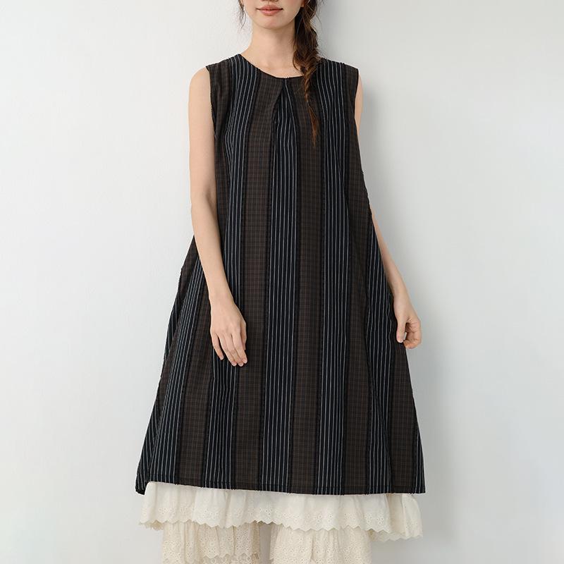 Летнее ретро жаккардовое клетчатое полосатое двухслойное свободное платье-жилет без рукавов One Size чёрный