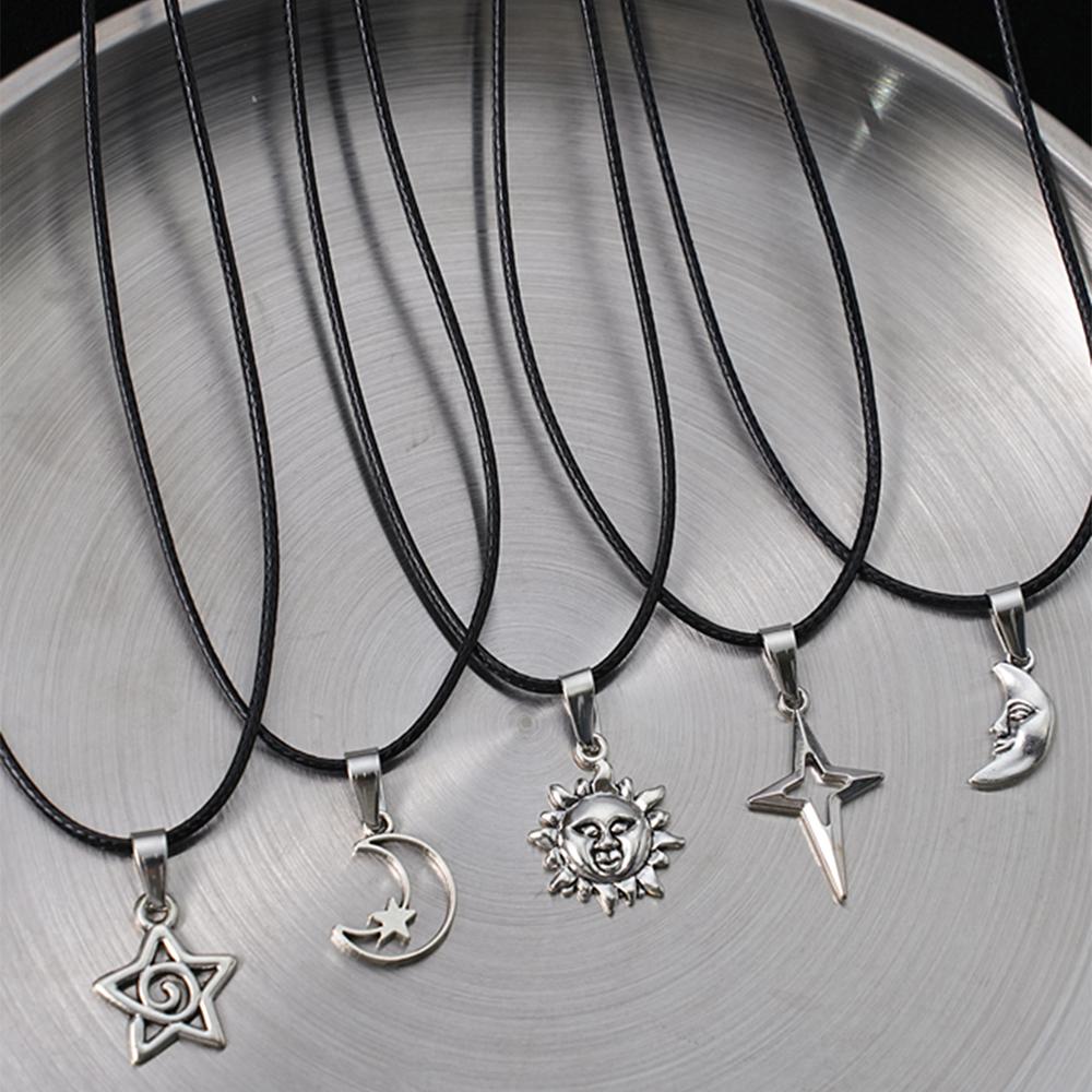 Y2K punk star moon sun metal pendant necklace, unisex, hip-hop personality trend pendant, simple wax rope necklace, jewelry