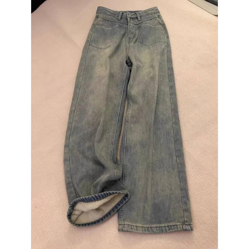 Fleece-Lined Thickened Wash Slim-Fit Wide-Leg Floor-Length Straight Jeans for Autumn/Winter
