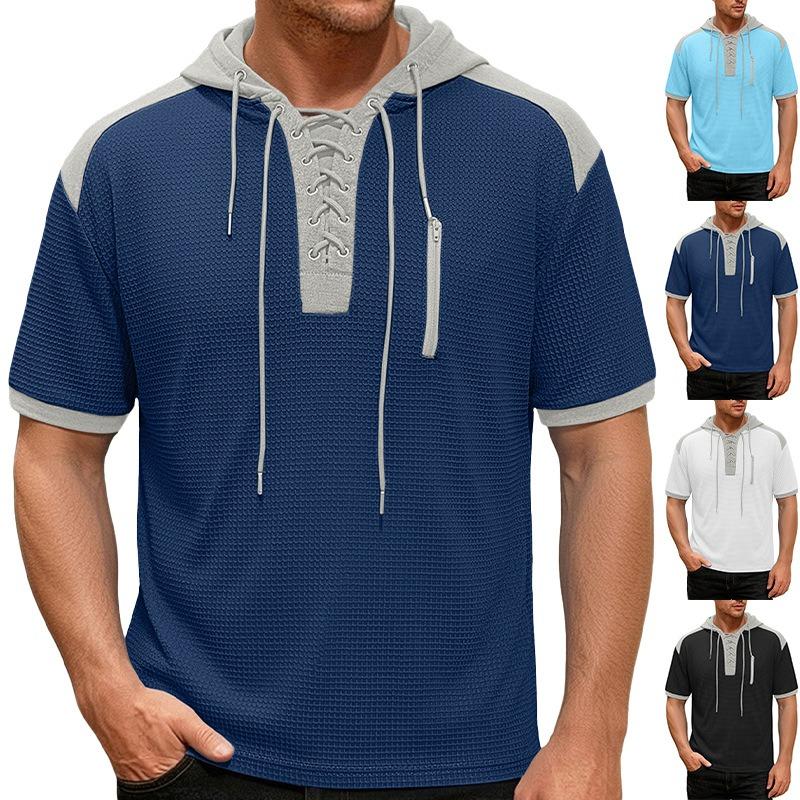 Men's Short Sleeve Hooded T-Shirt, Color Block Side Strap Athletic Tee, Casual Workout Gym Top for Men