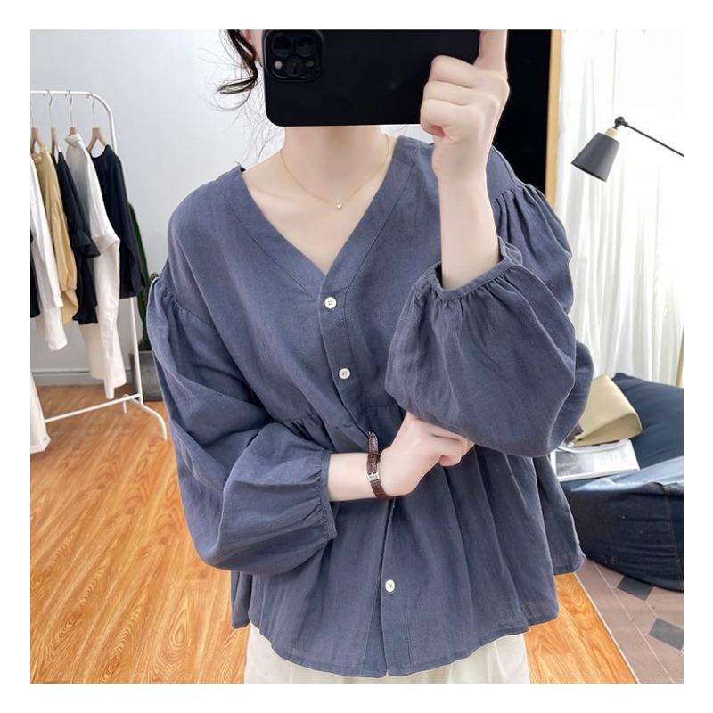 Women Summer Brown V Neck Button Front Puff Sleeve Loose Blouse