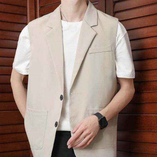 Men Suit Vest Lapel Sleeveless Two-Button Business Waistcoat Pockets with Side Placket Solid Color Casual Vest Coat