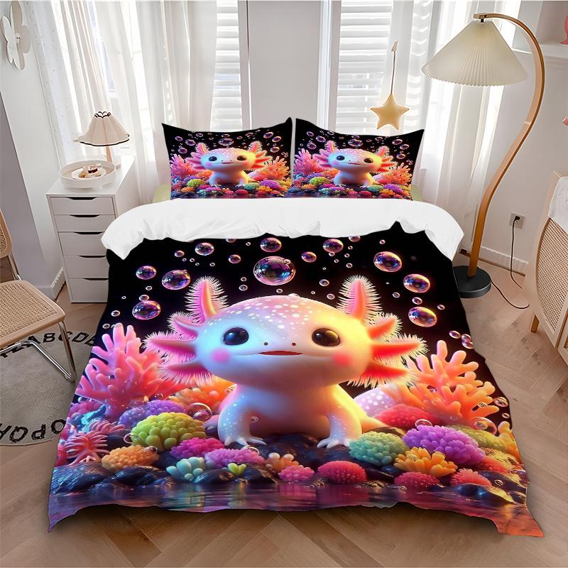 3pcs Axolotl Bubble Printed Bedding Set, Soft and Comfortable Quilt Cover for Bedroom, Guest Room (1 Duvet Cover + 2 Pillowcases, Pillow Cor