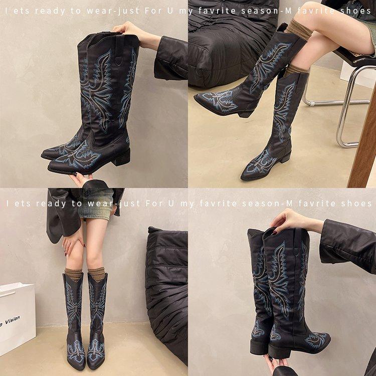 Foreign trade large size boots women's 2024 new high-heeled high boots embroidered western cowboy knight boots