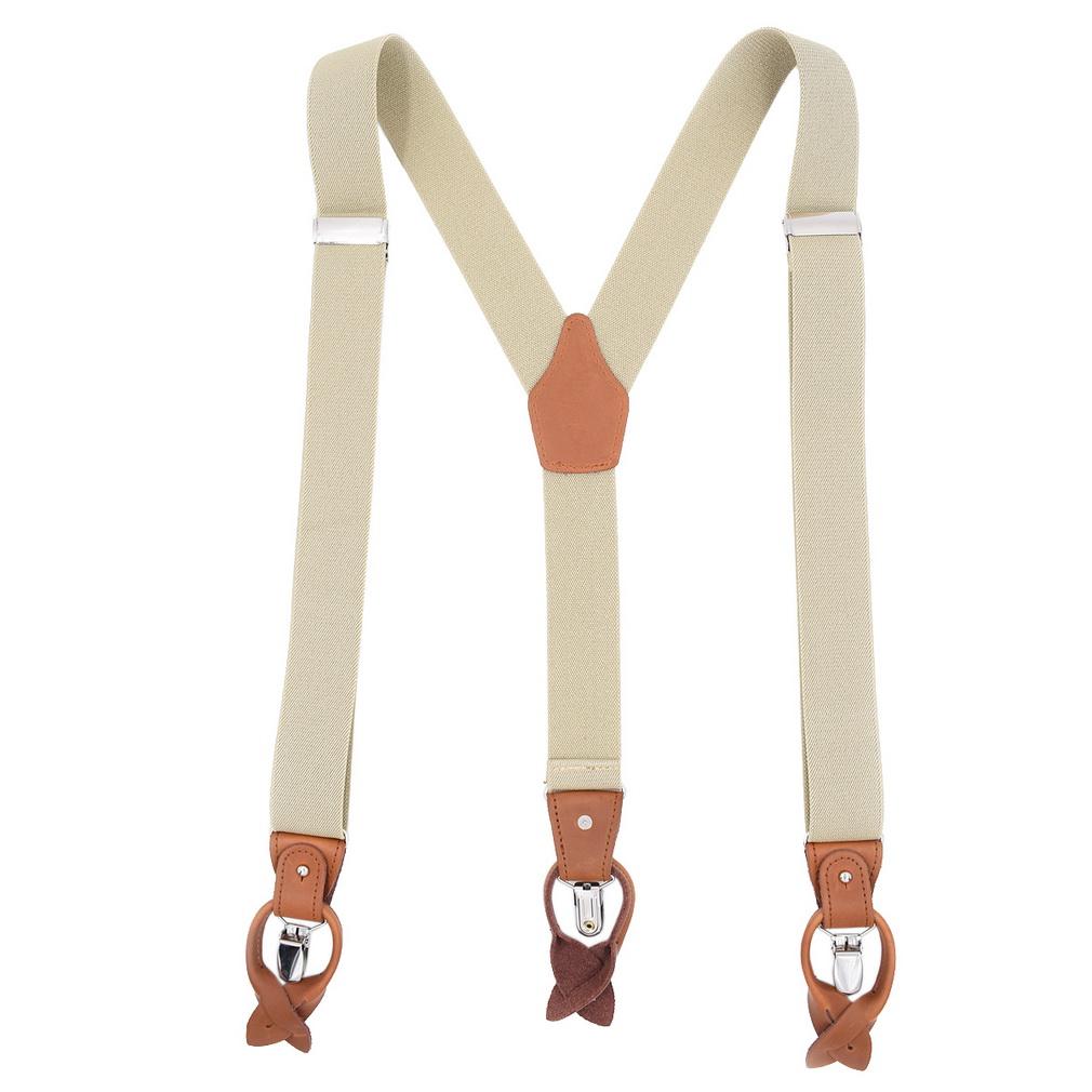 

Men 2-in-1 Y-Back Suspenders Elastic 6 Clips Button End Genuine Leather Braces