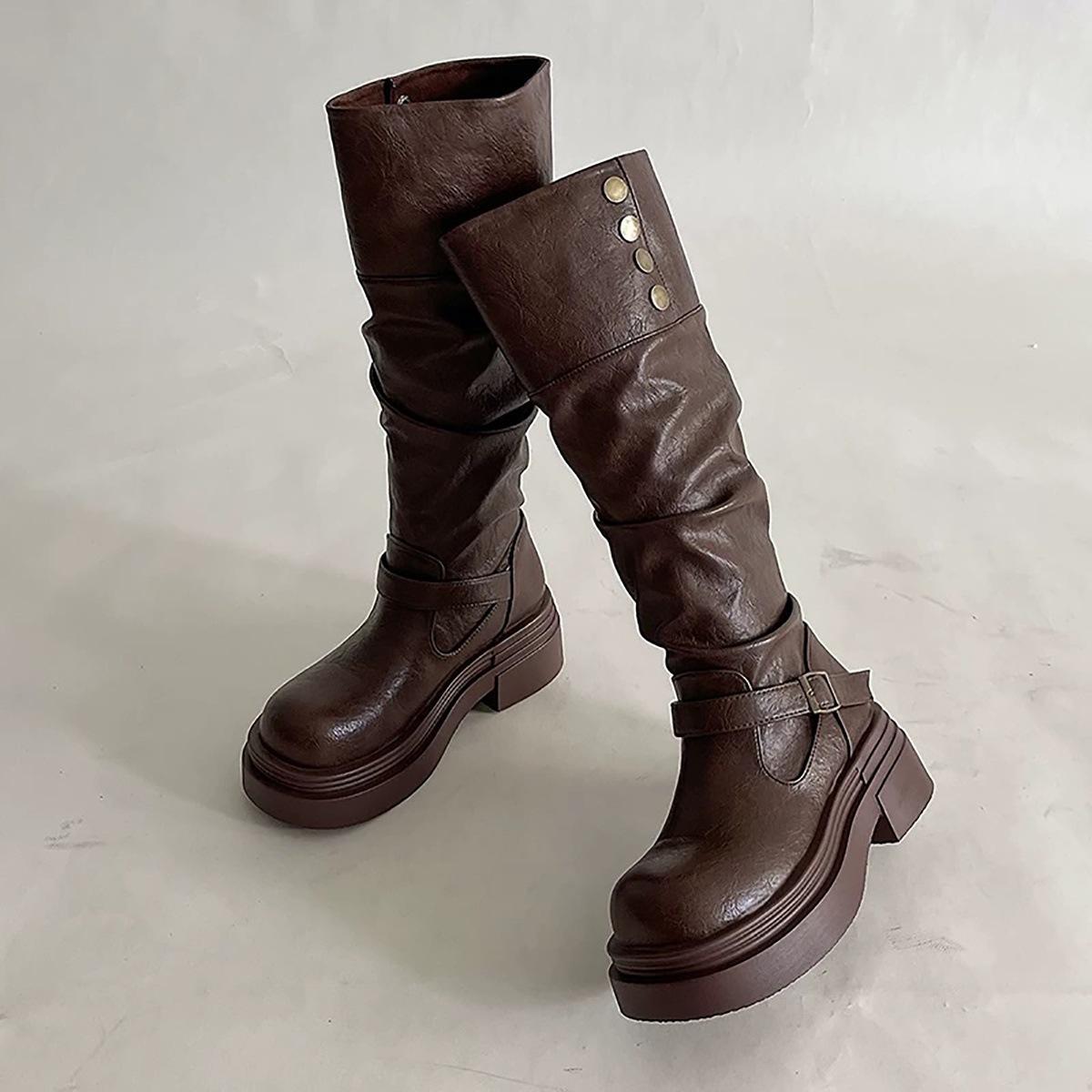 

Retro Spice Girls Thick Heel Platform Boots Women s 2025 Summer New Skinny Knight Boots 39 коричневый