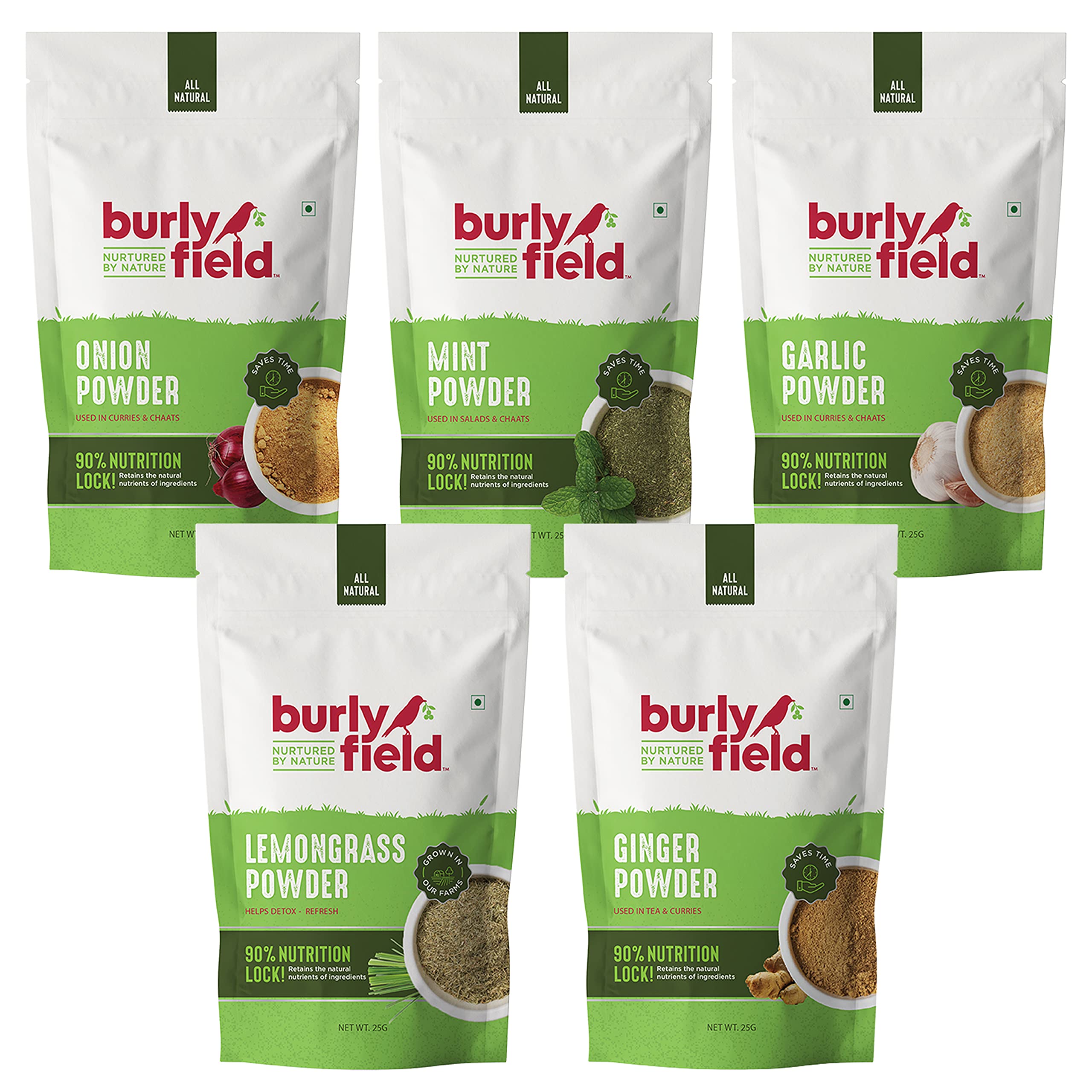 

BURLY FIELD Summer Kitchen Essential - 5-in-1 Culinary Spice Combo | Onion + Garlic + Mint + Ginger + Lemongrass Powder | Instant Healthy Cooking