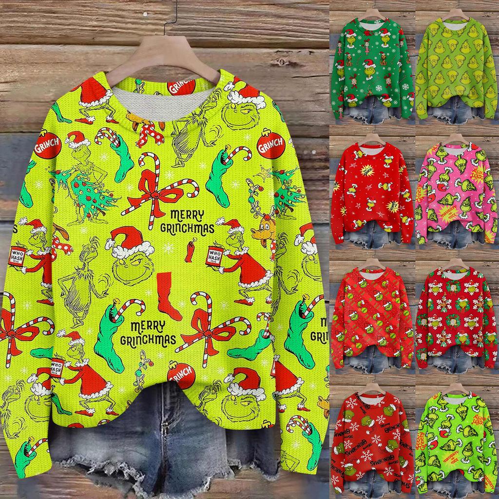 Long Sleeve Pullover Sweaters For Women O Neck Casual Cute Printing Knit Oversized Sweater