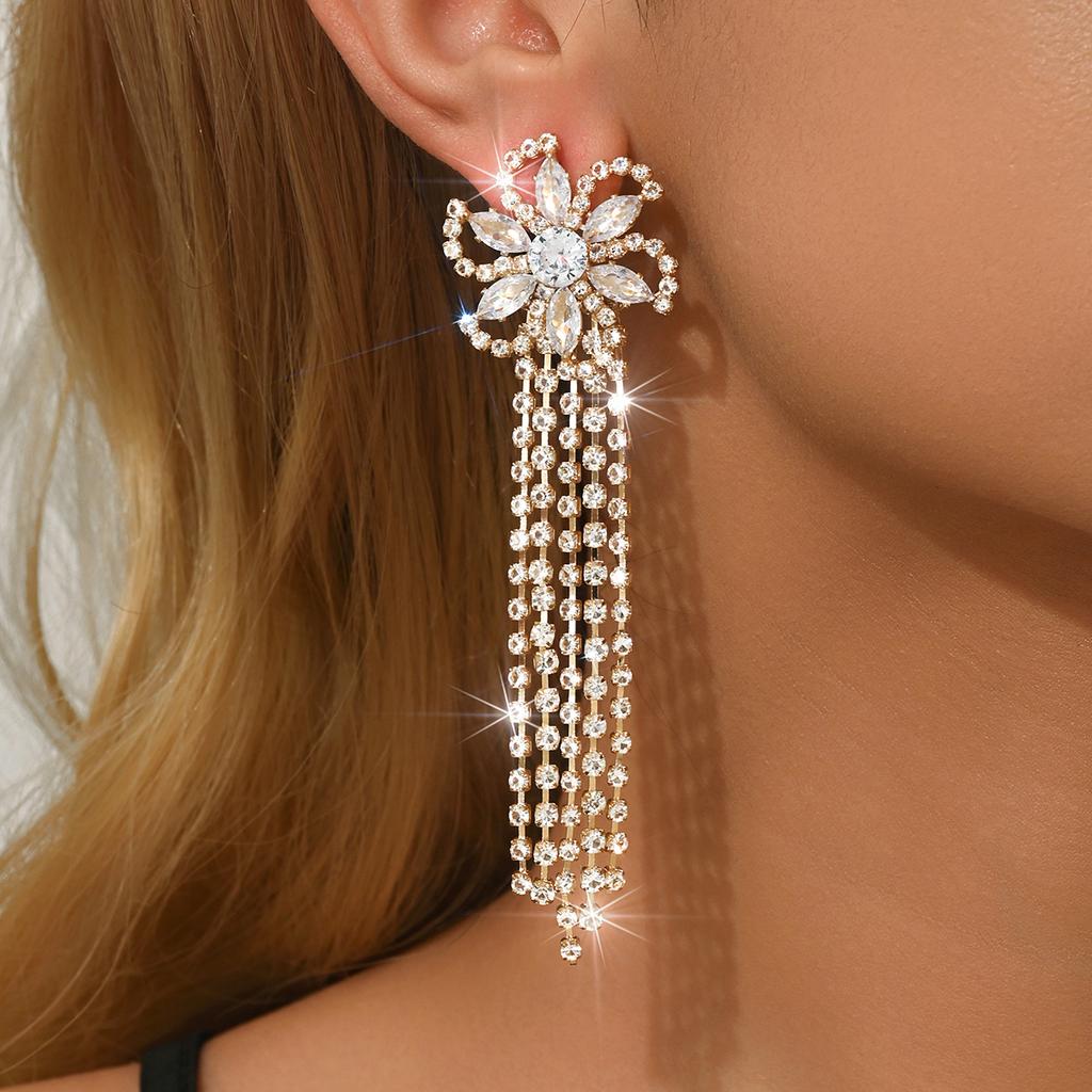 New European and American Tassel Full Diamond Earrings Wedding Earrings Fashionable Party Earrings