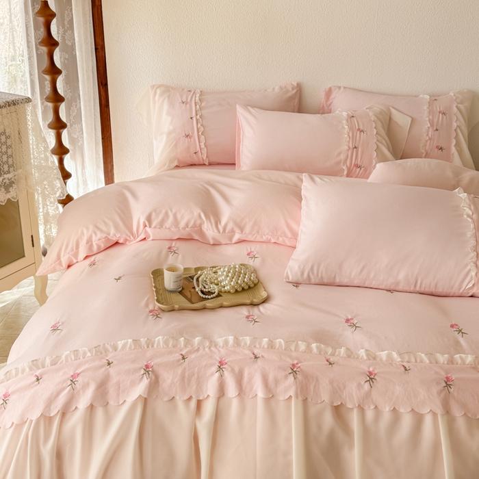 Ins Princess Style Bedding Sets Ruffle Lace Bow Quilt Cover Romantic Bedclothes Decor Woman Girls Bedroom Duvet Cover 4pcs
