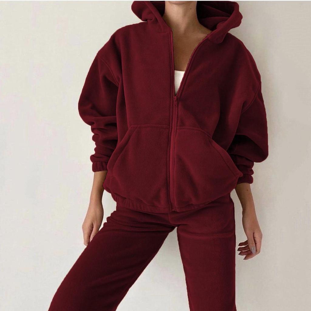 Women Solid Color Long Sleeve Hooded V Neck Hoodies Suit Autumn Winter Loose Top Wide Leg Pants