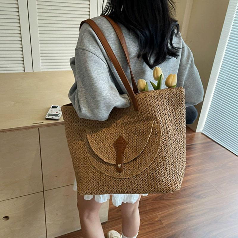 Yogodlns Women's Woven Straw Tote Bag Leather Patchwork Decor Large Capacity Casual Daily Beach Vacation Shoulder Handbag