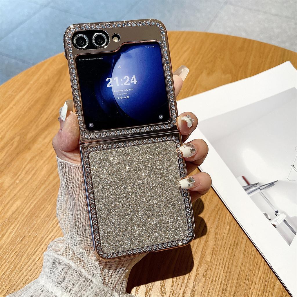 New Samsung ZFlip6 Flash Powder Electroplated Mobile Phone Case Suitable for Zflip5 Fashionable Women's Flash Diamond Girl Two In One