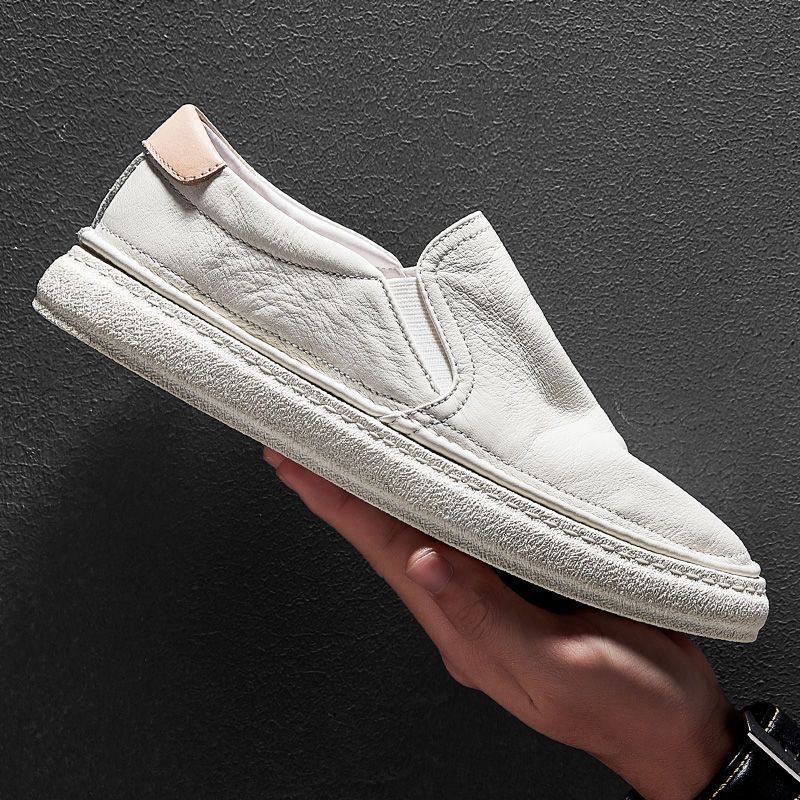 2025 new men's shoes summer breathable first layer cowhide white shoes soft sole one pedal men's casual shoes board shoes