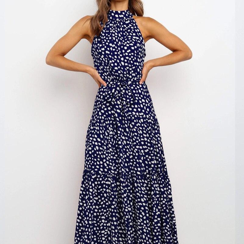 Sexy Neck-mounted Dot Beach Dress For Holiday Summer Casual Sleeveless Floral Printed Long Dress Women Fashion Robe Femme 25765