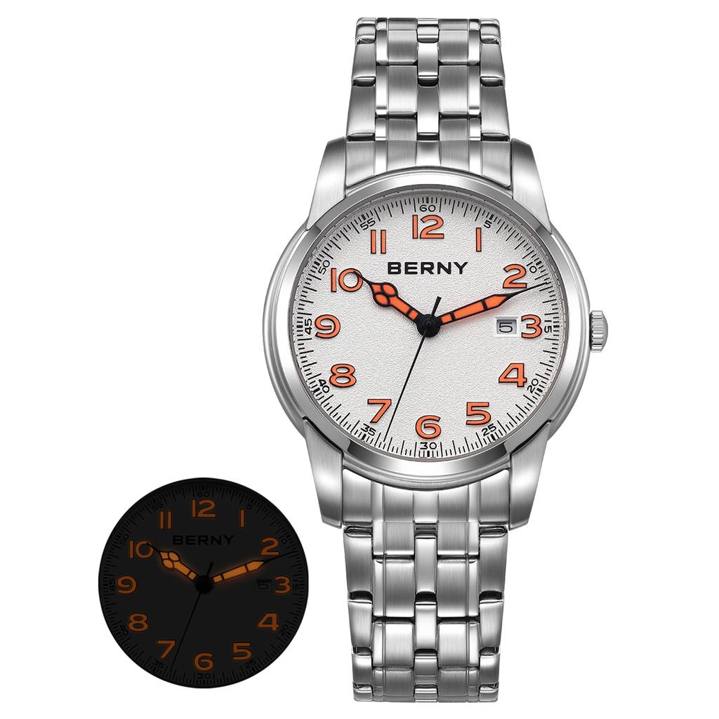 AUQ1 BERNY Watches for Men Calendar Date Luminous Quartz Watch S/S Fashion Classic Sports Easy Read Outdoor Men's Wristwatch