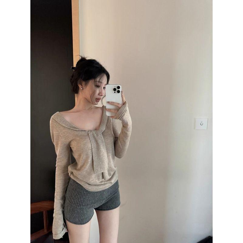 Kumikumi Pure Desire Set Lace-up Temperament Long sleeve Knit Women Autumn High Waist Slimming Casual Pants Two-piece Set