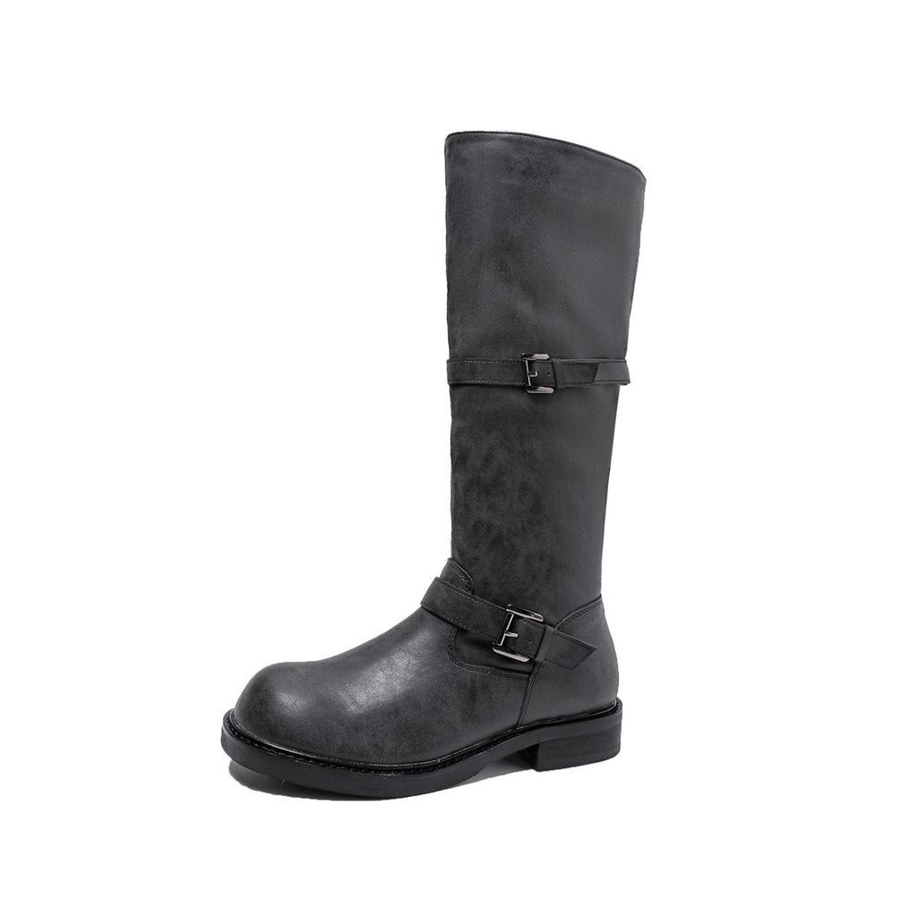Thick-soled heightened round head retro belt buckle rubbed color versatile thick heel boots women's autumn and winter high school boots knight boots