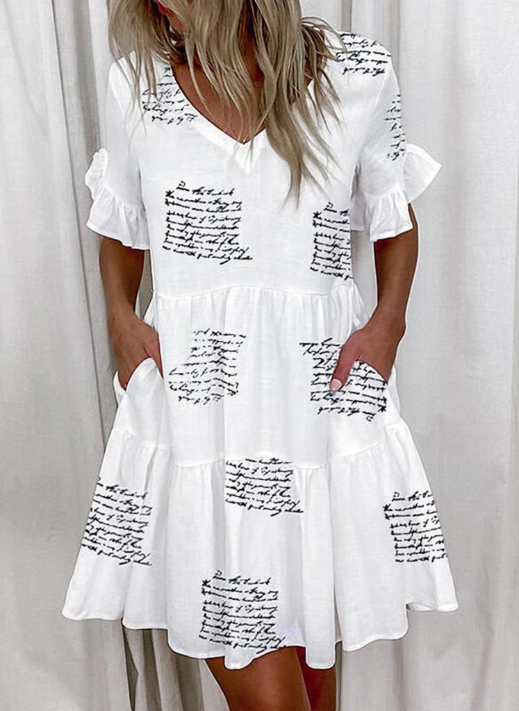 2025 European and American Women's Ruffle Pocket Printed Dress