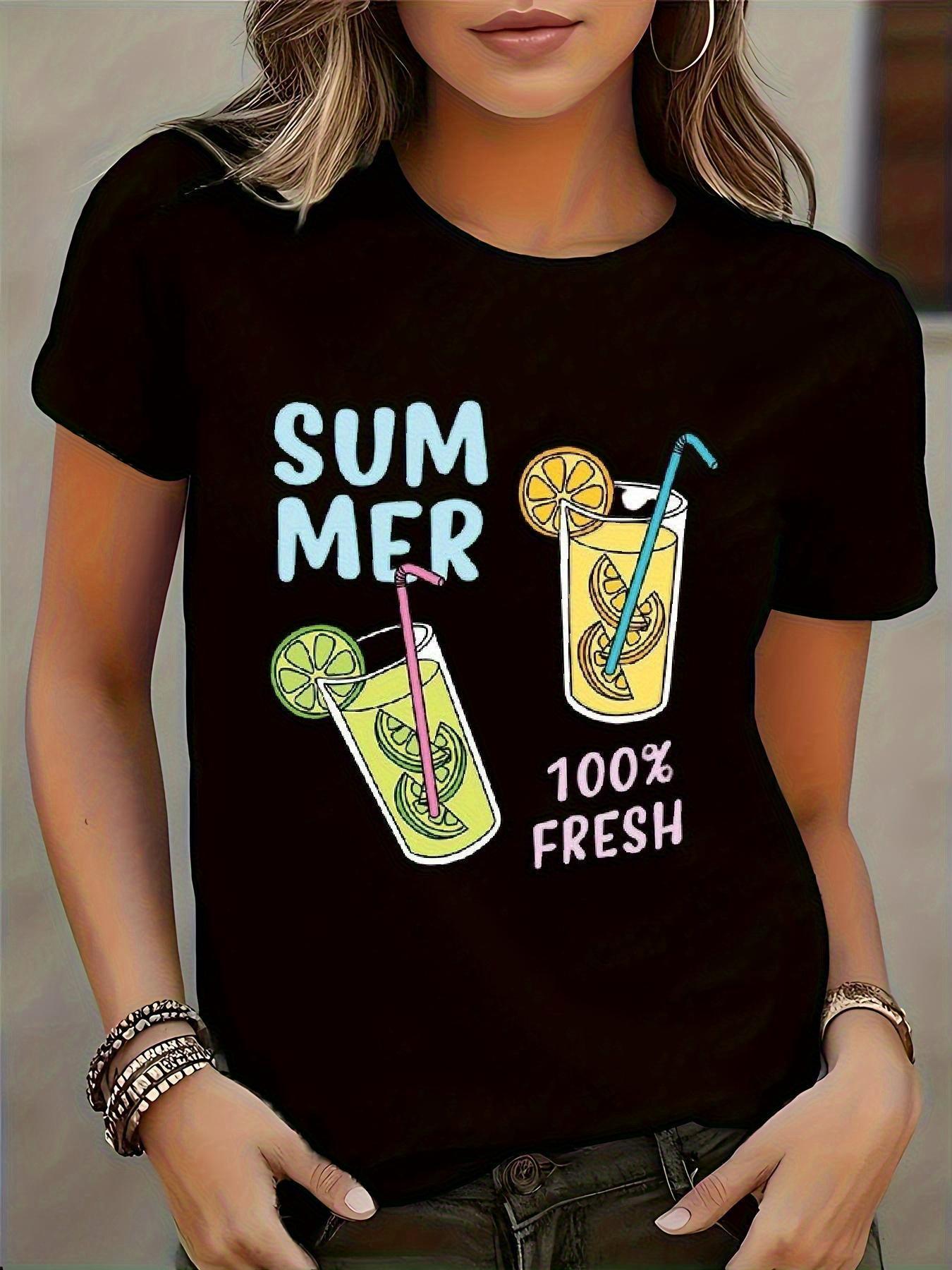 WomenS Black Graphic TShirt Summer Lemonade Cup Design with SUMMER FRESH Text Harajuku Short Sleeve Aesthetic Clothes S