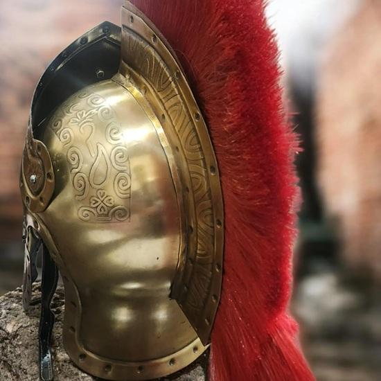 Roman Gladiator Helmet with Red Crest and Brass Queen Crest Handcrafted Medieval Warrior Armor Gift
