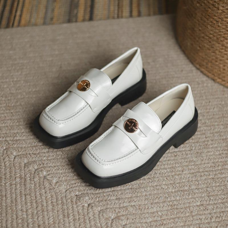 Casual fashion single shoes spring and summer new thick heel flat bottom black thick sole square head soft leather small leather shoes